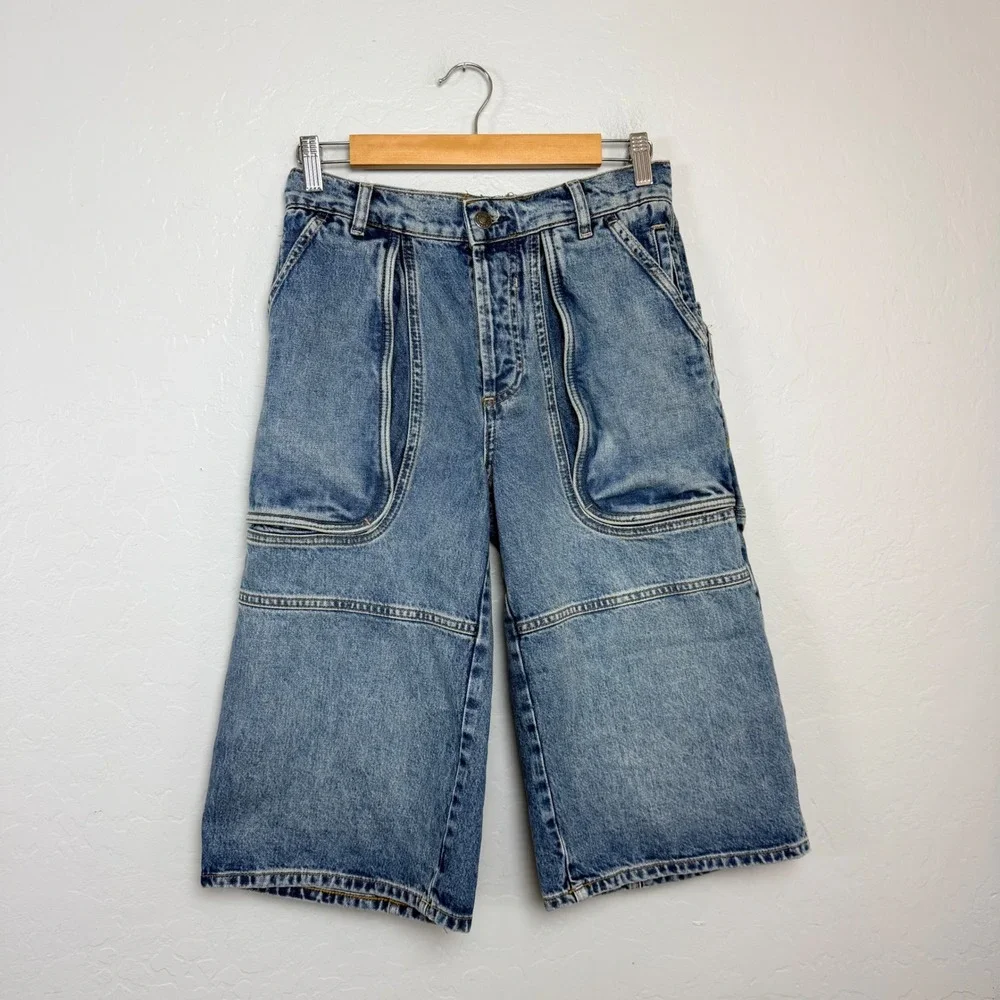 We The Free People Havesu Slouchy Denim Shorts Med Wash Blue Wide Leg 4